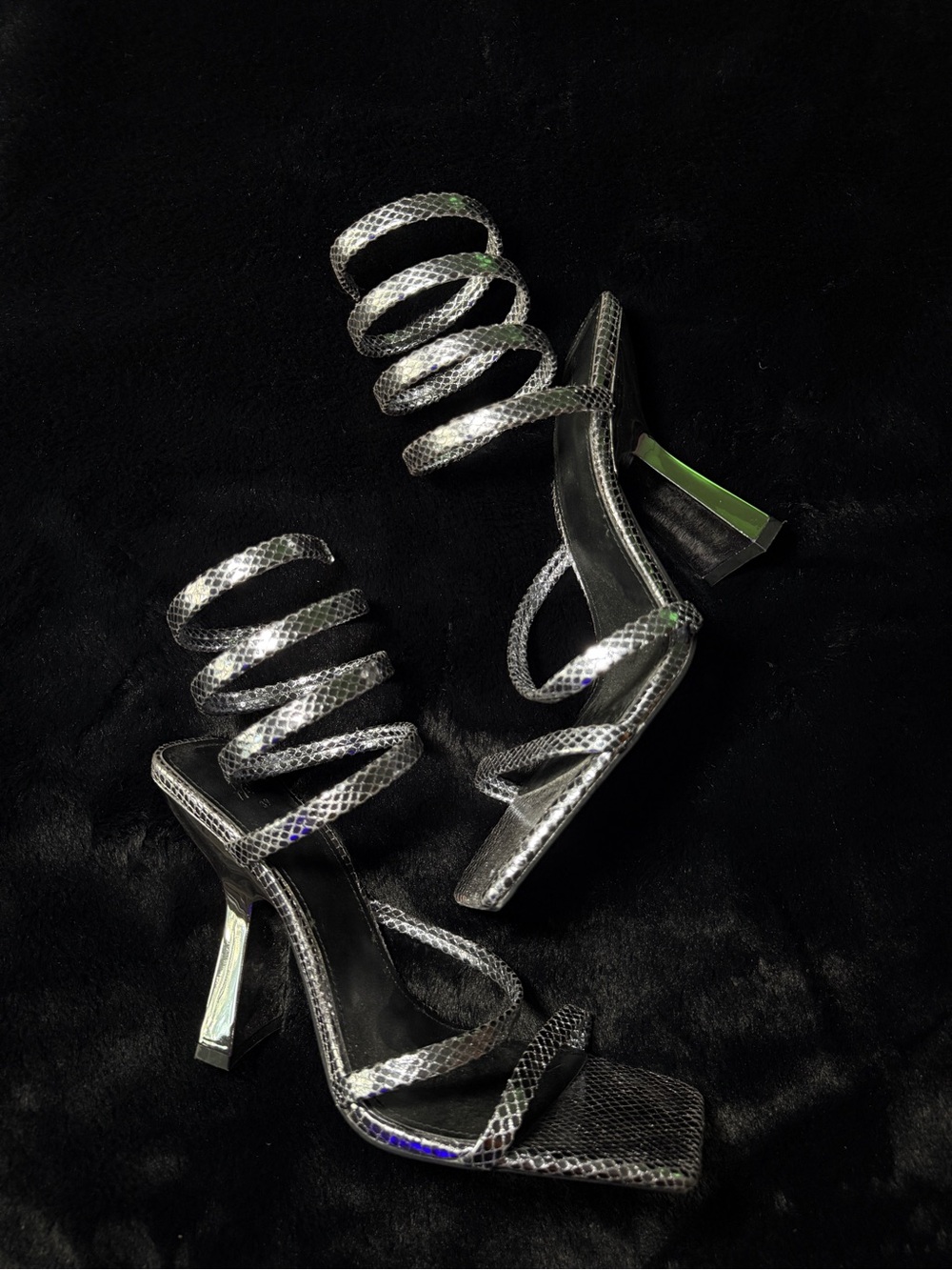 H&M Silver Snake-Print Spiral Strap Heels